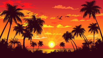 Summer background with a sunset sky and silhouette of palm trees
