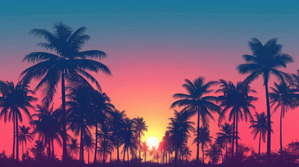 Obraz premium Summer background with a sunset sky and silhouette of palm trees