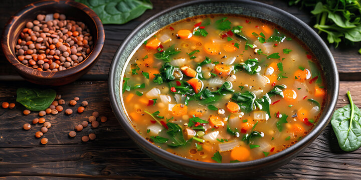 Spinach and Lentil Soup featuring lentils, spinach, carrots, celery, onions, garlic, and spices like cumin and paprika.