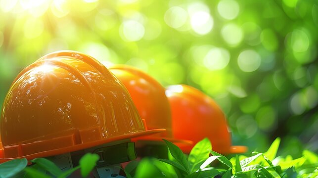 Labor Day celebration with orange safety helmets on a blurred green background, minimalist design for ads.
