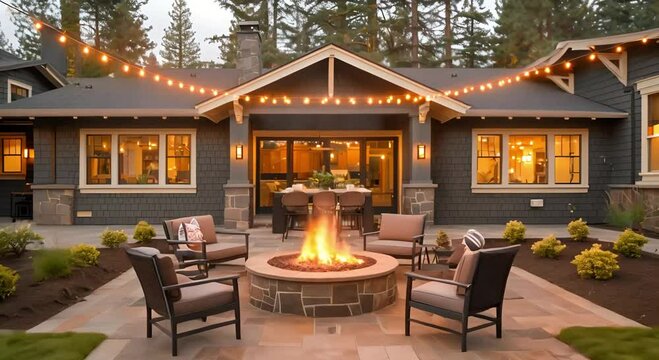 a slate grey Craftsman house, where a quaint outdoor seating area beckons with a fire pit aglow and string lights casting a warm glow.