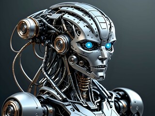 Close-up of a robotic head with intricate details and glowing blue eyes.