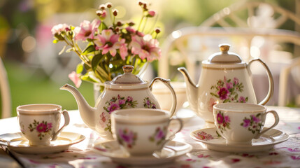 Tea pot and cups arranged for an afternoon tea party
