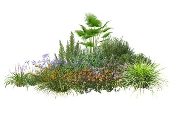 Green garden bushes cut out. 3d render group flowers and low shrubs for landscaping