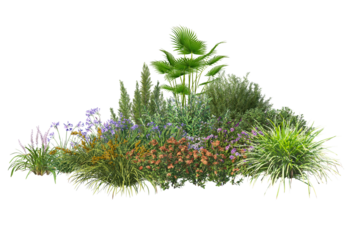Green garden bushes cut out. 3d render group flowers and low shrubs for landscaping