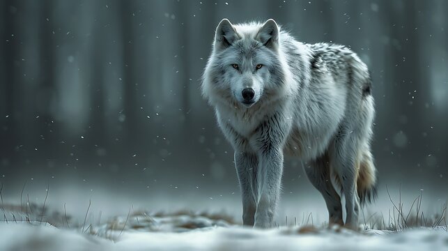 Snowy landscape under the northern lights with a lone wolf crossing the frozen terrain