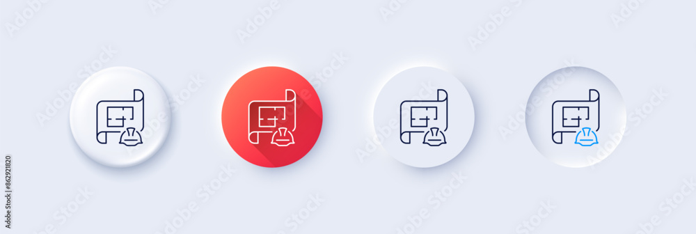 Poster engineering plan line icon. neumorphic, red gradient, 3d pin buttons. technical documentation sign. 