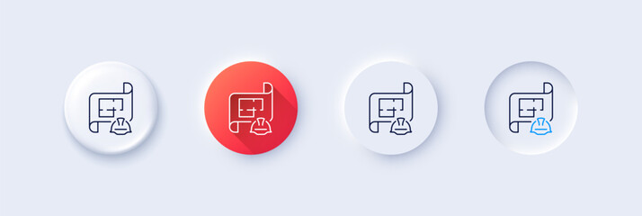 Engineering plan line icon. Neumorphic, Red gradient, 3d pin buttons. Technical documentation sign. Construction helmet symbol. Line icons. Neumorphic buttons with outline signs. Vector