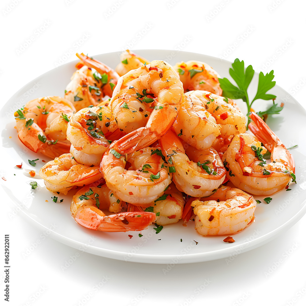 Wall mural Delicious shrimps on white plate isolated on white background