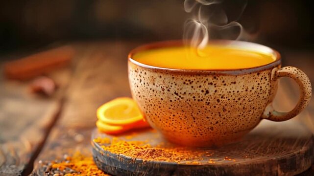 A steaming cup of turmeric tea sits on a wooden surface with orange slices and turmeric powder.