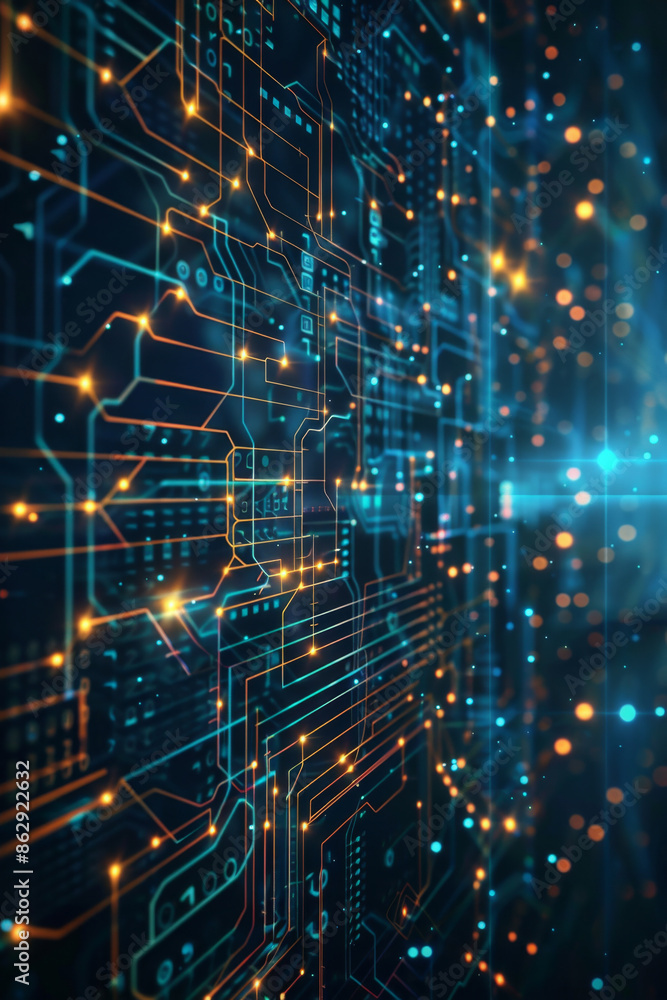 Poster digital circuits and network connections in technology-themed background design