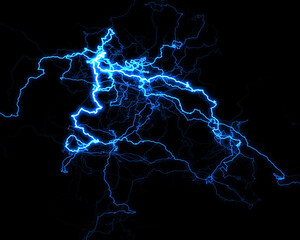 Dynamic progression of a lightning bolt illuminating the black background