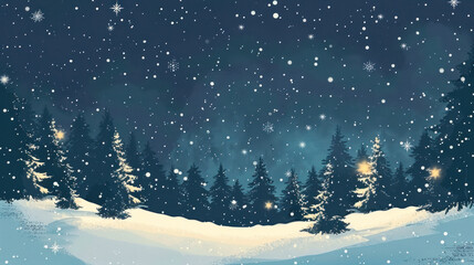 Winter background with twinkling stars and snow-covered trees