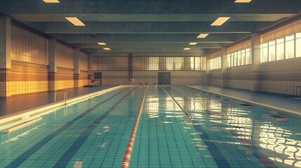 An indoor swimming pool with calm water and distinctive lanes, illuminated by warm sunlight from the windows, creating an inviting atmosphere for swimmers during the early morning hours.