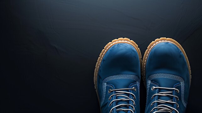 Stylish Labor Day ad image with blue work boots on a plain black background, ample space for text.