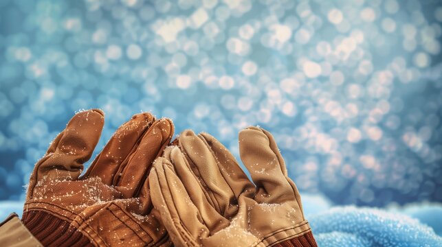 Stylish Labor Day ad image with brown work gloves on a blurred blue background, ample copy space.