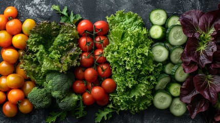 Fresh Salad Ingredients: Capture a background featuring fresh salad ingredients, like lettuce, tomatoes, cucumbers, and avocados, artistically spread out.