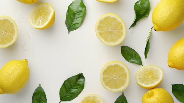 Fresh yellow lemon with green leaves, ideal for culinary and health-related designs.