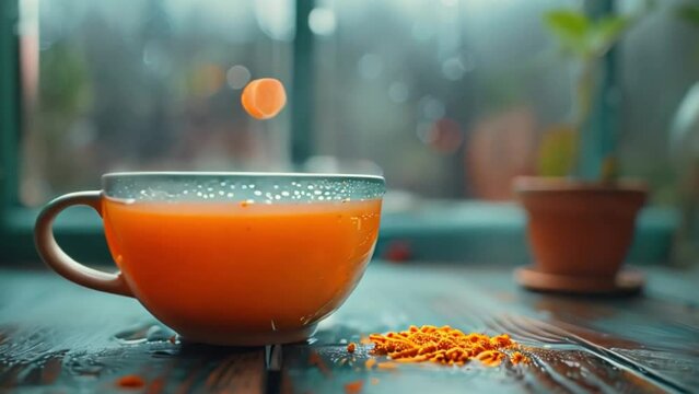 A close-up shot of a steaming cup of turmeric tea on a wooden table. A small pile of turmeric powder sits nearby.