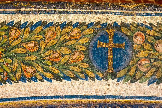 Close-up on ancient christian mosaic decorating the mausoleum of Galla Placidia in Ravenna