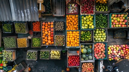 Vibrant Aerial View of a Bustling Fruit Market - The Colorful Chaos from Above