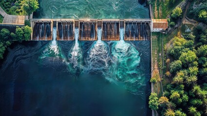 An aerial view of a dam with multiple spillways releasing water, creating dynamic patterns on the surface below. The dam is flanked by lush greenery and a variety of trees, with a clear blue sky.