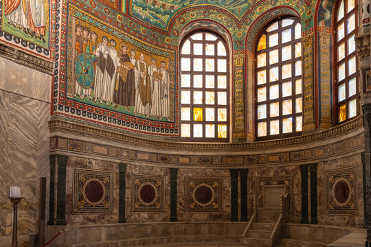 Historic mosaic of Emperor Justinian I decorating the interior of San Vitale basilica in Ravenna