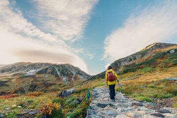 登山道を渡る女性
