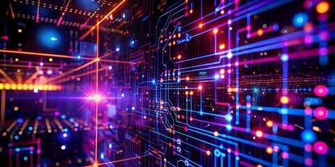 Obraz premium Vibrant Digital Abstract Design with Neon Colors - Futuristic, Cyberpunk, Tech-Inspired, Geometric, High-Resolution, Multicolored, Data Visualization, Sci-Fi, Glowing Lights, Tech Art Background