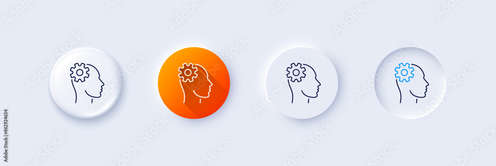 Poster engineering line icon. neumorphic, orange gradient, 3d pin buttons. cogwheel tool sign. man think sy