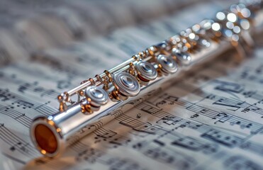 Obraz premium A Silver Flute Rests on Sheet Music