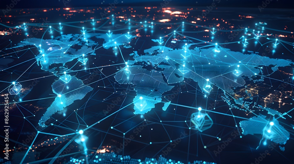 Poster a blue globe with many points of light on it. the globe is surrounded by a network of lines