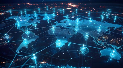 Obraz premium A blue globe with many points of light on it. The globe is surrounded by a network of lines