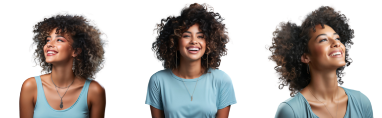 Happy African American women smiling with afro hair, studio photo, isolated on transparent background