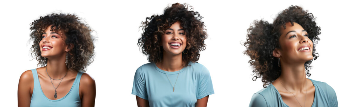 Happy African American women smiling with afro hair, studio photo, isolated on transparent background