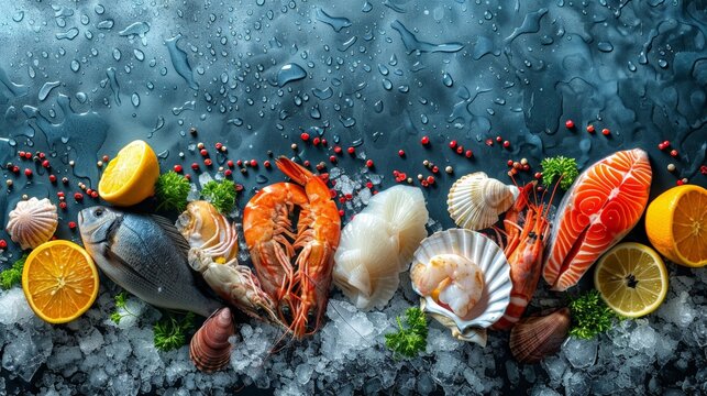 Seafood Delights: Capture an artistic arrangement of various seafood items, such as fish, shrimp, and shellfish, on an icy, cool background.