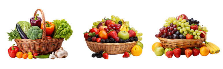 Collections of baskets with healthy fruits and vegetables, isolated on transparent background