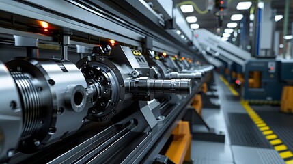 Fototapeta premium A factory floor with a conveyor belt of metal parts