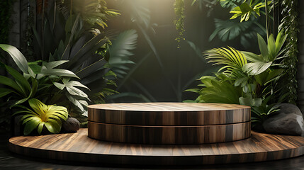  Podium background product forest green display platform wood stone 3d garden rock. Product podium jungle background stage leaf cosmetic nature scene stand presentation mockup tree pedestal plant eco 