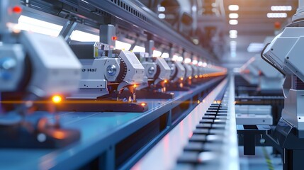 Obraz premium A factory with a blue and white color scheme. The factory is filled with machines and tools. The machines are in motion, and the workers are busy working on them. Scene is busy and productive