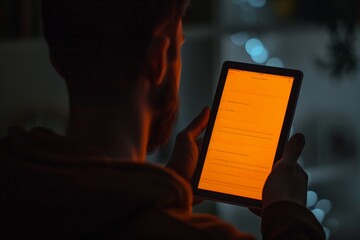 App demo near shoulder of a man holding an ebook with a completely orange screen