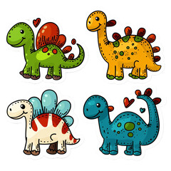 a cute cartoon style dinosaur stickers with simple line on transparent background