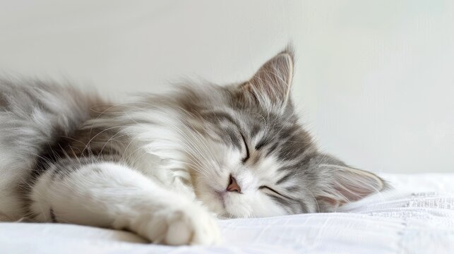 Blue tabby white exotic longhair cat sleeping with blank space