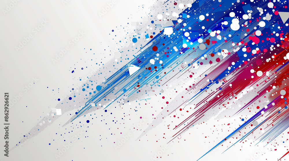 Poster dynamic splashes and streaks of blue and red colors, interspersed with white dots, creating a vibran