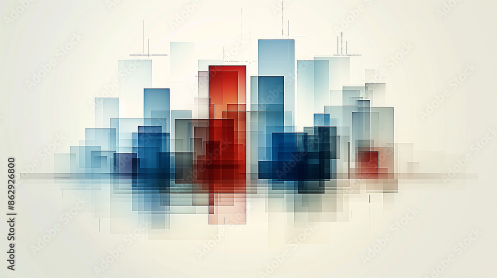 Poster abstract cityscape with overlapping transparent rectangles in blue and red hues, creating a modern s