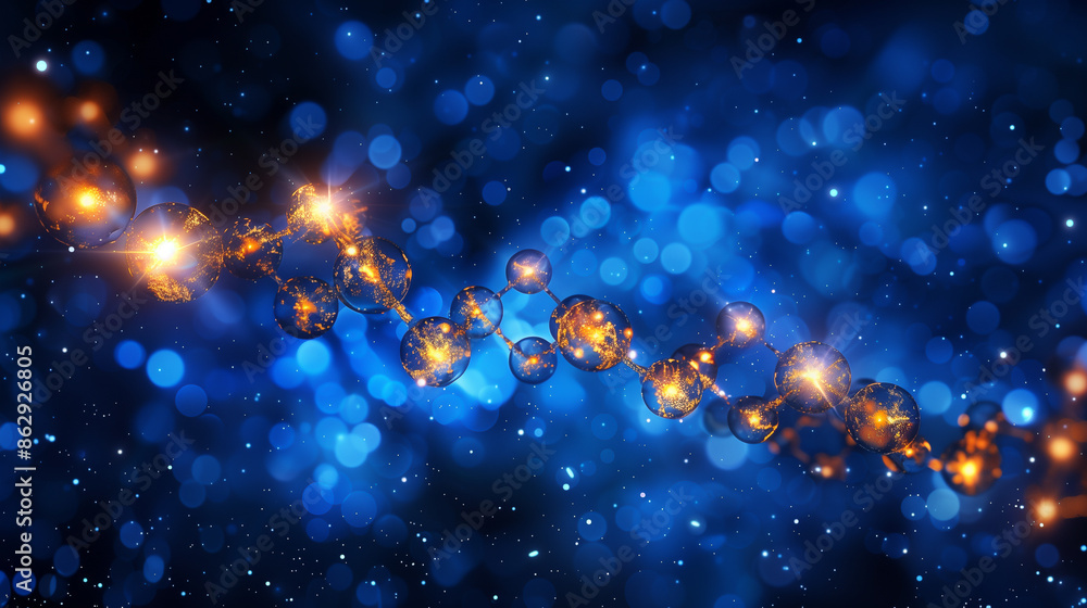 Aufkleber a string of illuminated orange molecules linked together against a vibrant blue, bokeh background.