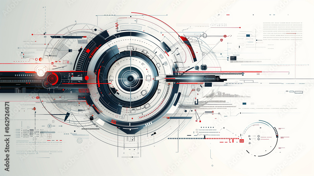 Poster futuristic schematic with intricate circular and linear elements in red, white, and black, showcasin
