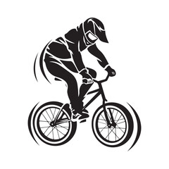 Naklejka premium Cyclist rider bmx performs trick jump logo silhouette vector isolated on white