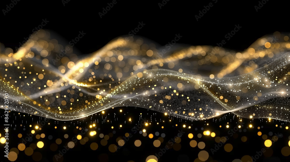 Poster a mesmerizing scene of shimmering gold particles forming fluid wave patterns against a black backgro