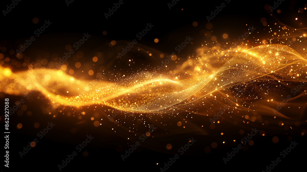 Aufkleber a mesmerizing scene of glowing golden particles forming fluid, wave-like patterns on a dark backgrou